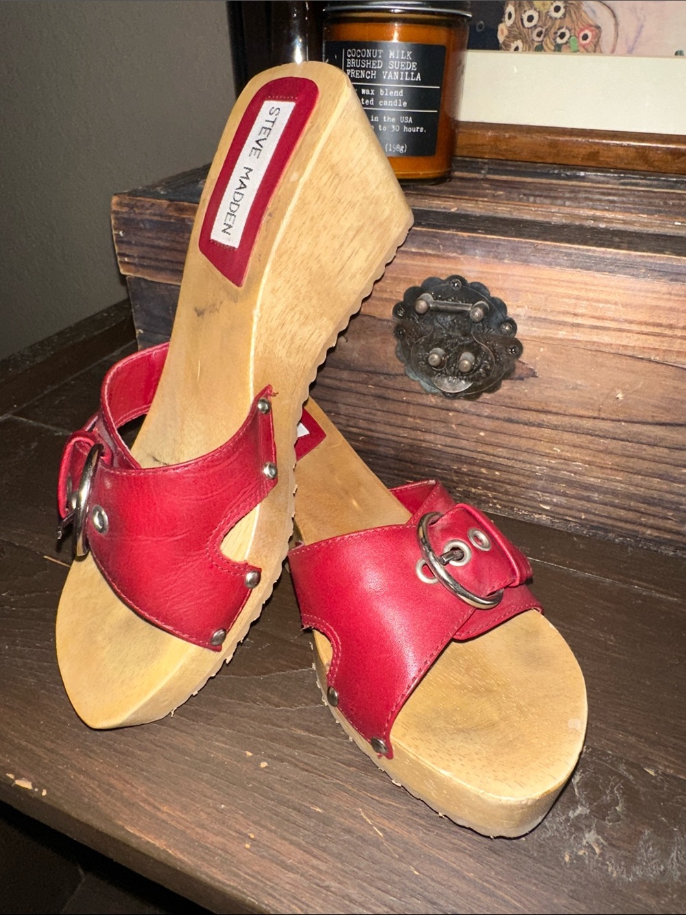 Steve Madden Burgundy Leather Buckle Wedge Clogs